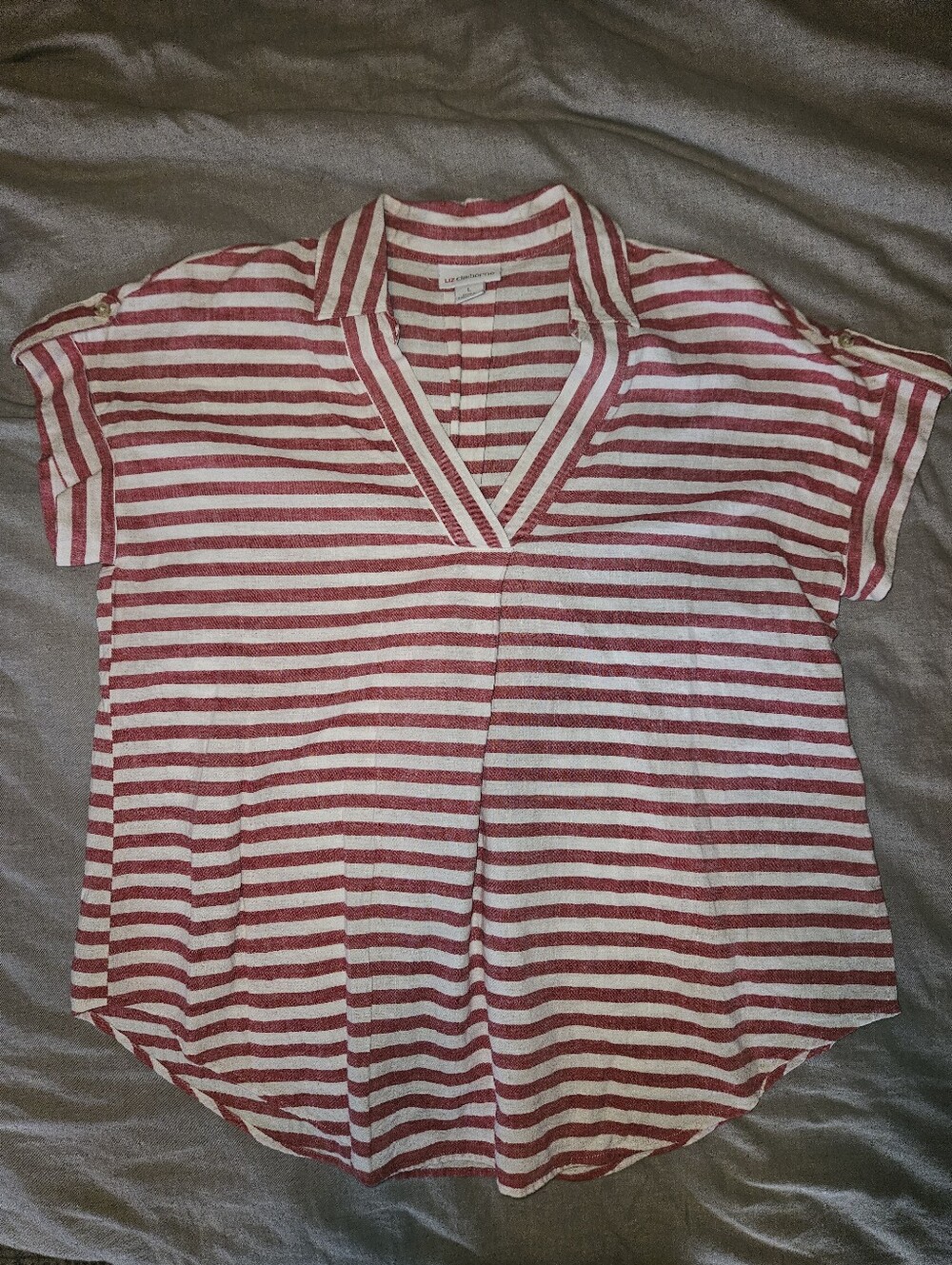 Liz Claiborne Red and White Striped Short Sleeve Blouse